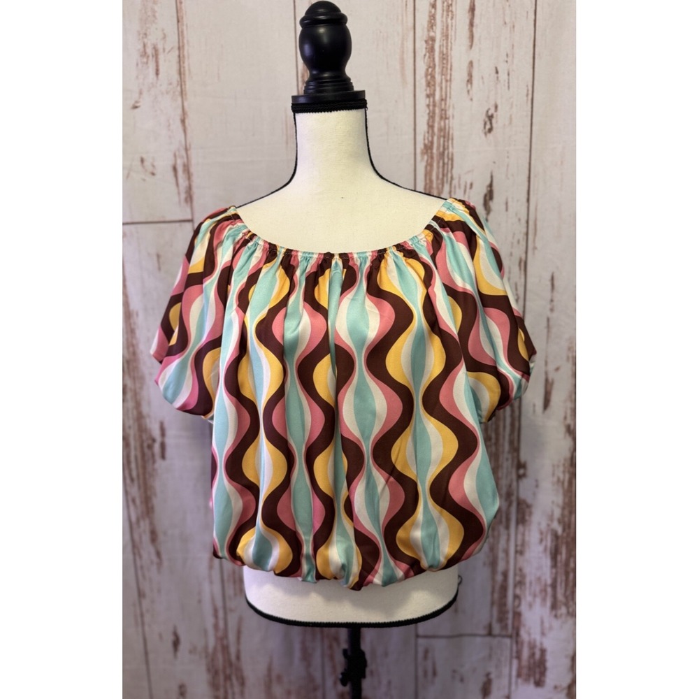 Joy Joy Ribbon Top Neapolitan Wavy Stripe Bubble Hem Blouse 66B7388 Large NWT